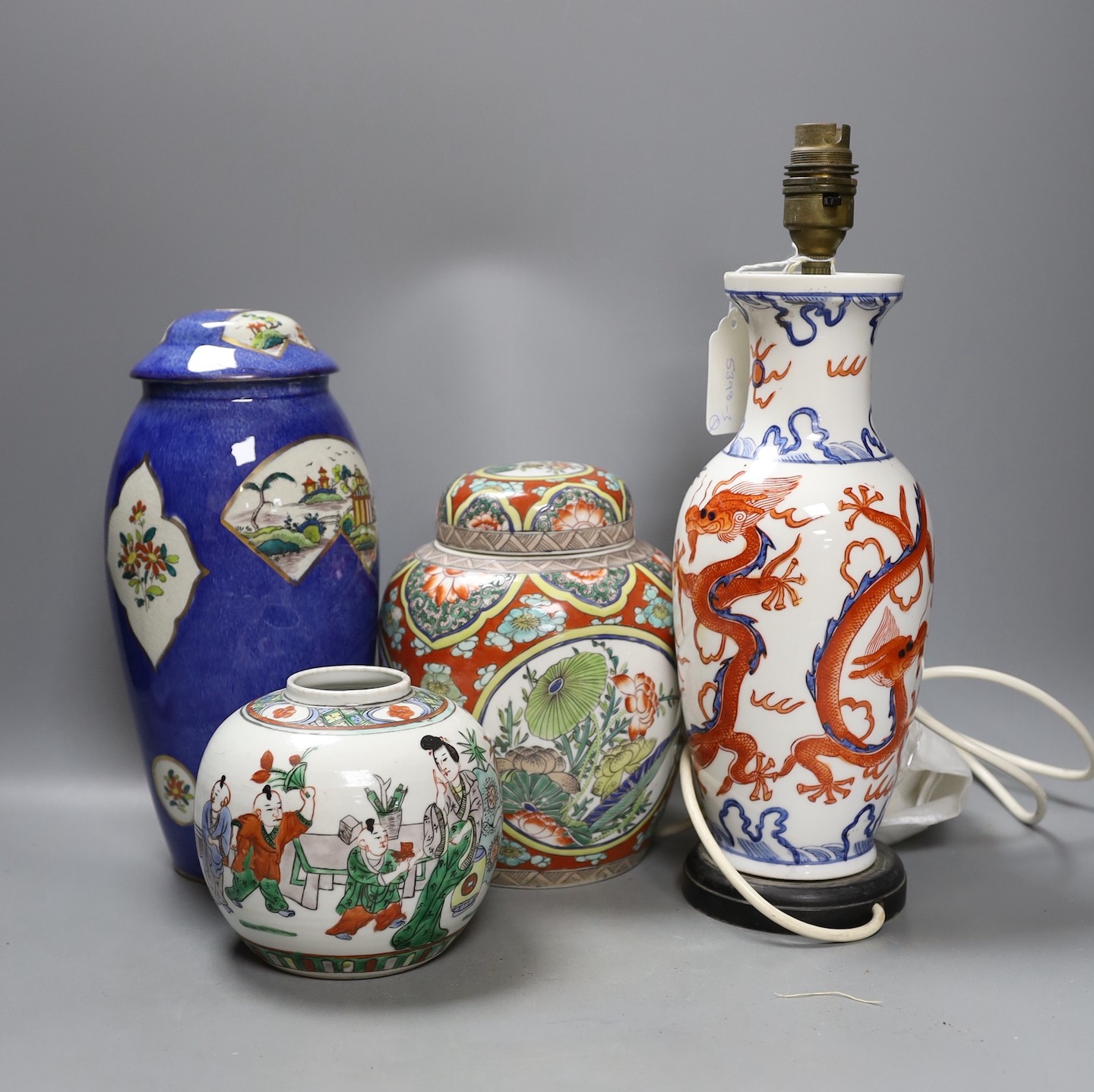 A group of Chinese famille rose jars, Paris porcelain lamps etc - tallest 34.5cm